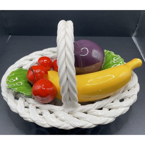 Capodimonte Other - Vintage Capodimonte Porcelain Fruit Basket Plum Cherries Banana. Made‎ in Italy